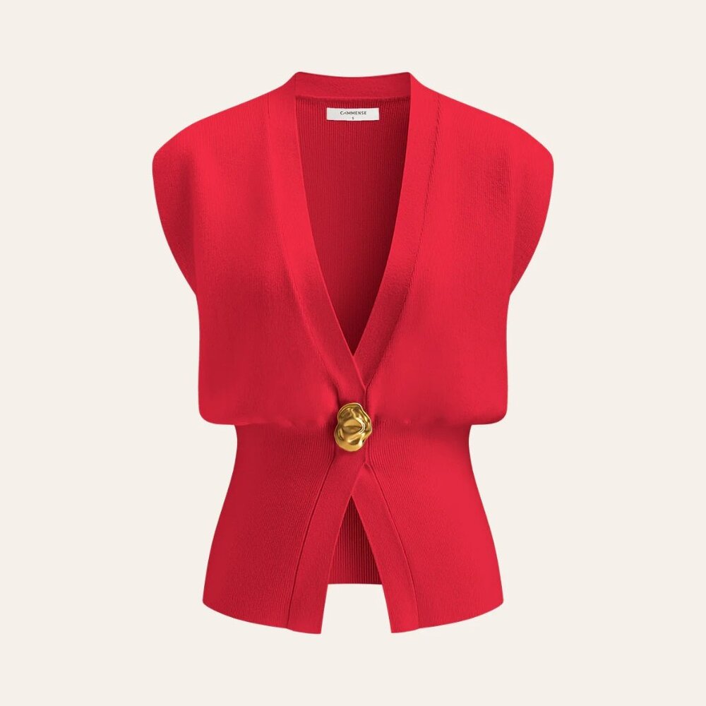 Commense V-Neck Buttoned Detail Sweater Vest Red NWT, Size M